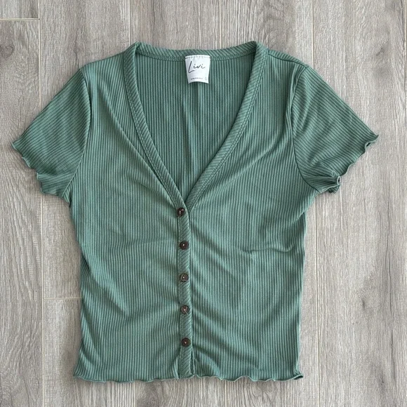 Olivia Rae Ribbed Button-Front V-Neck Top - Sage - Picture 1 of 3